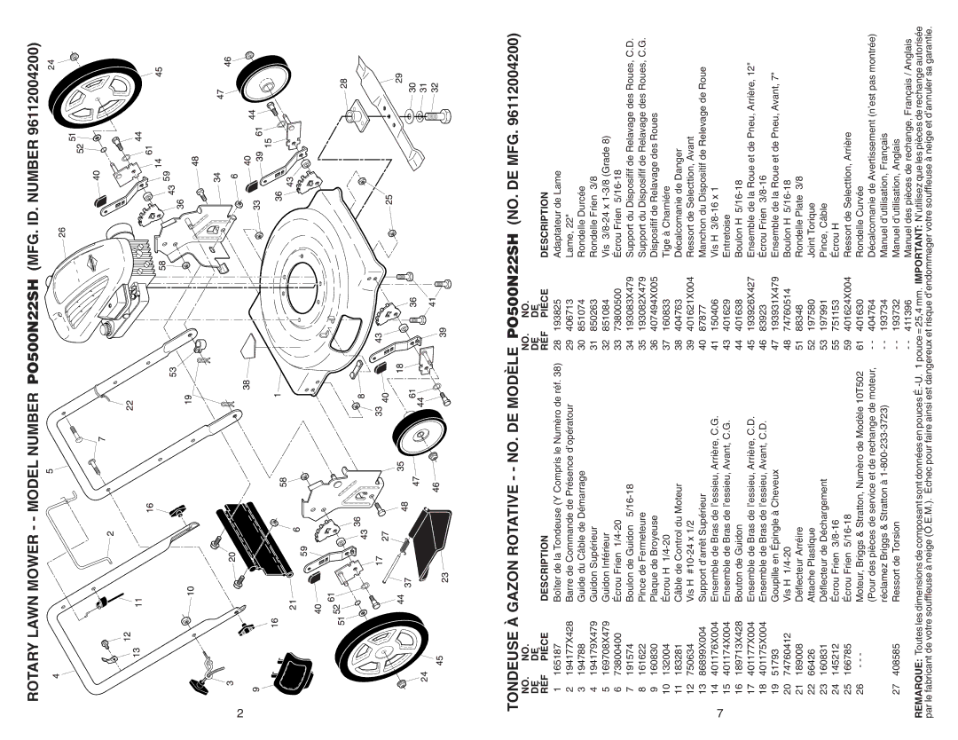Poulan PO500N22SH manual RÉF Piéce Description 