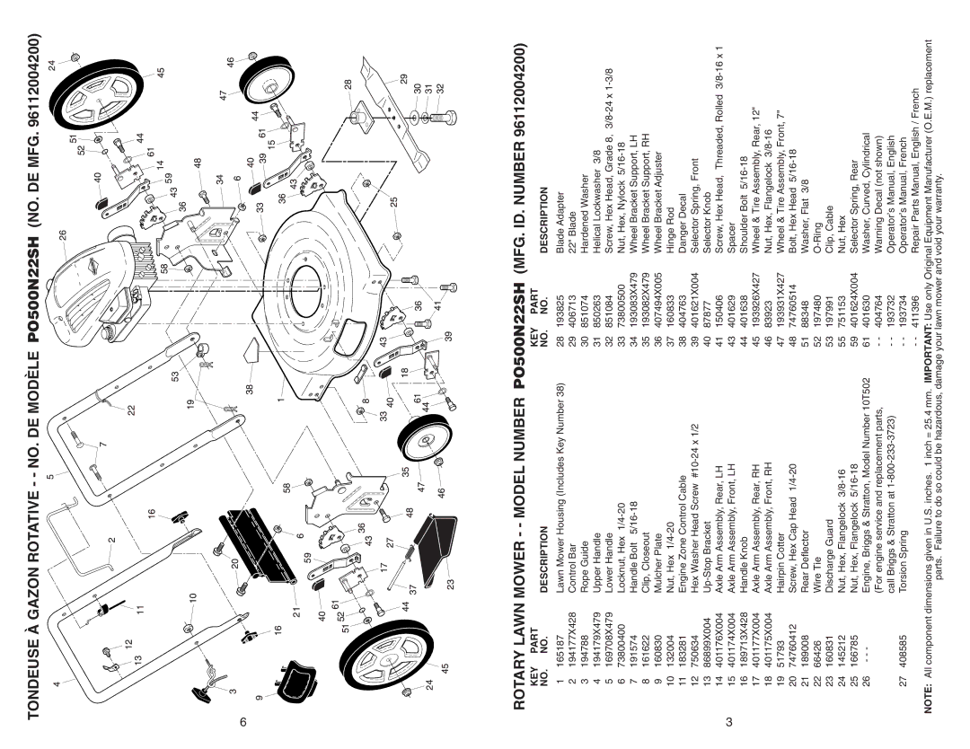 Poulan PO500N22SH manual KEY Part Description 