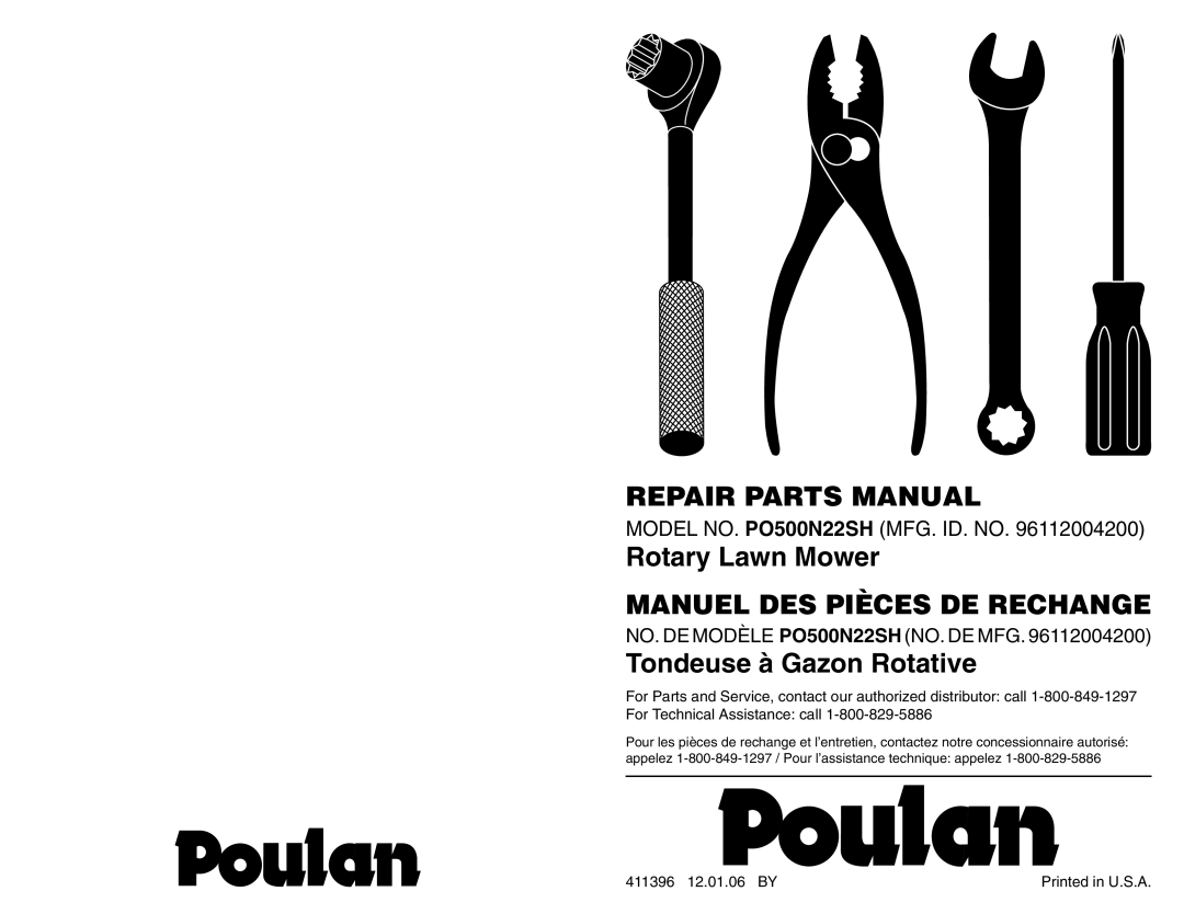 Poulan PO500N22SH manual Repair Parts Manual, Rotary Lawn Mower, Tondeuse à Gazon Rotative, Manuel Des Pièces De Rechange 