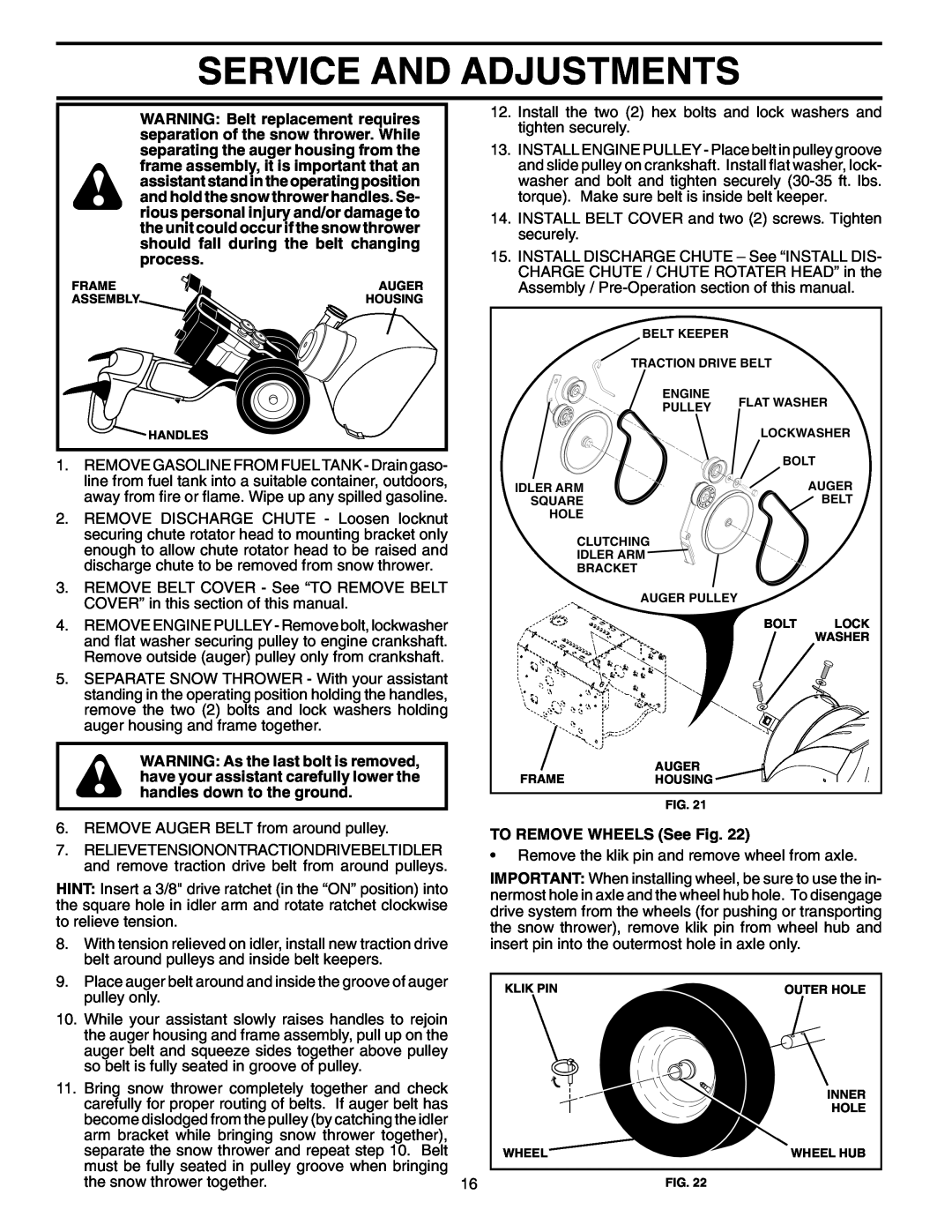 Poulan PO5524 owner manual Service And Adjustments, TO REMOVE WHEELS See Fig 