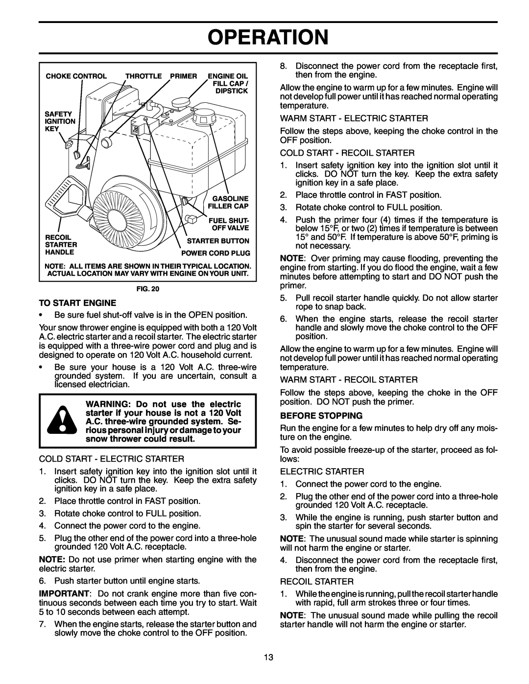 Poulan PO8527ESA owner manual Operation, To Start Engine, Before Stopping 