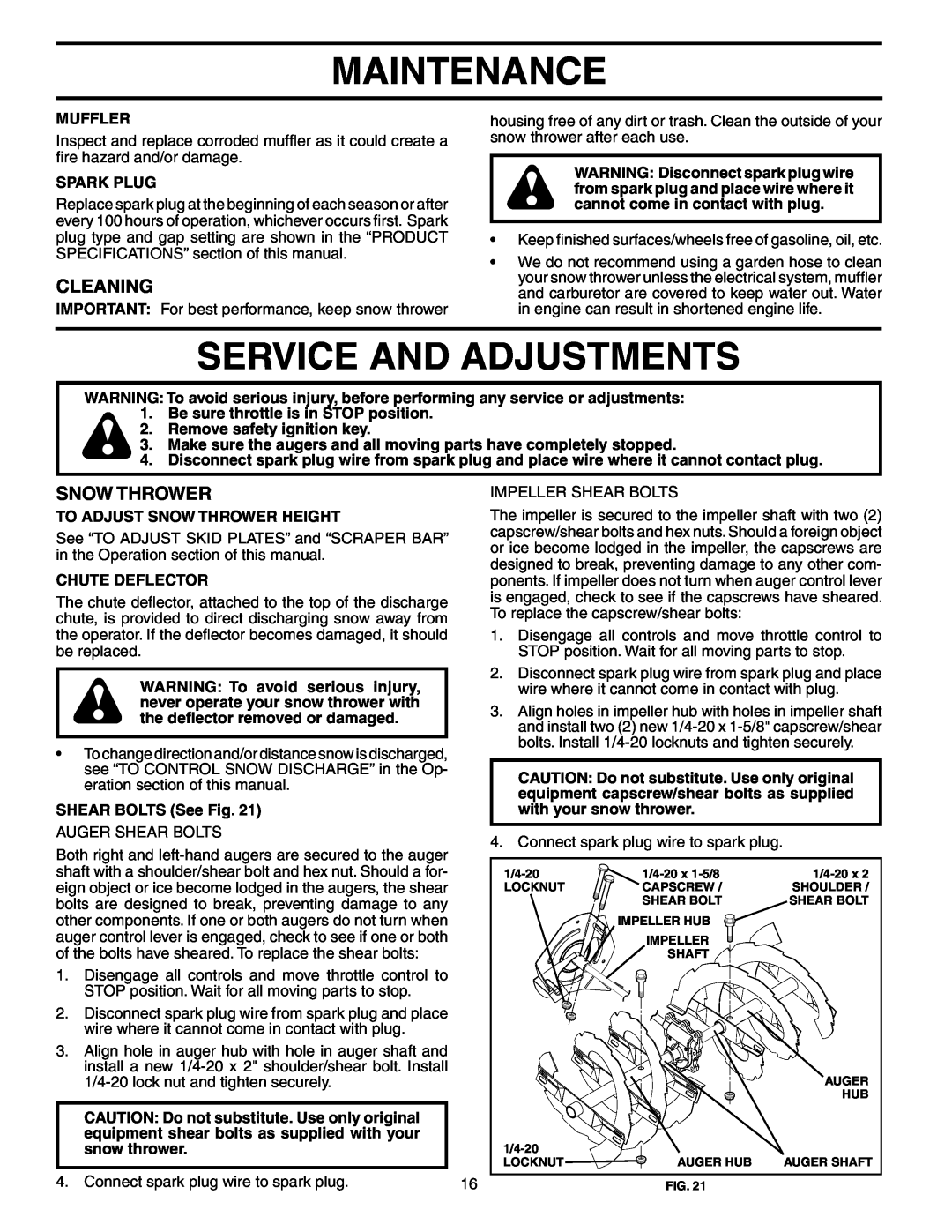 Poulan PO8527ESA owner manual Service And Adjustments, Cleaning, Maintenance, Snow Thrower 