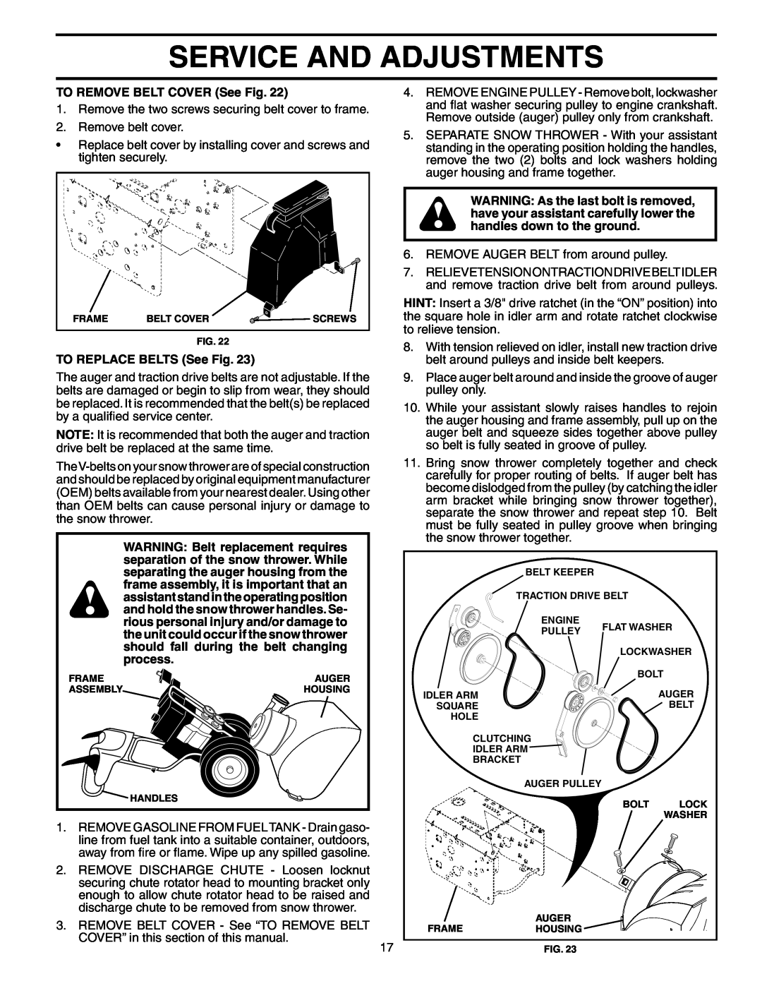 Poulan PO8527ESA owner manual Service And Adjustments, TO REMOVE BELT COVER See Fig, TO REPLACE BELTS See Fig 