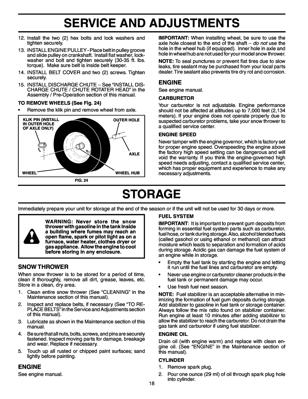 Poulan PO8527ESA owner manual Storage, Service And Adjustments, Engine, Snow Thrower 