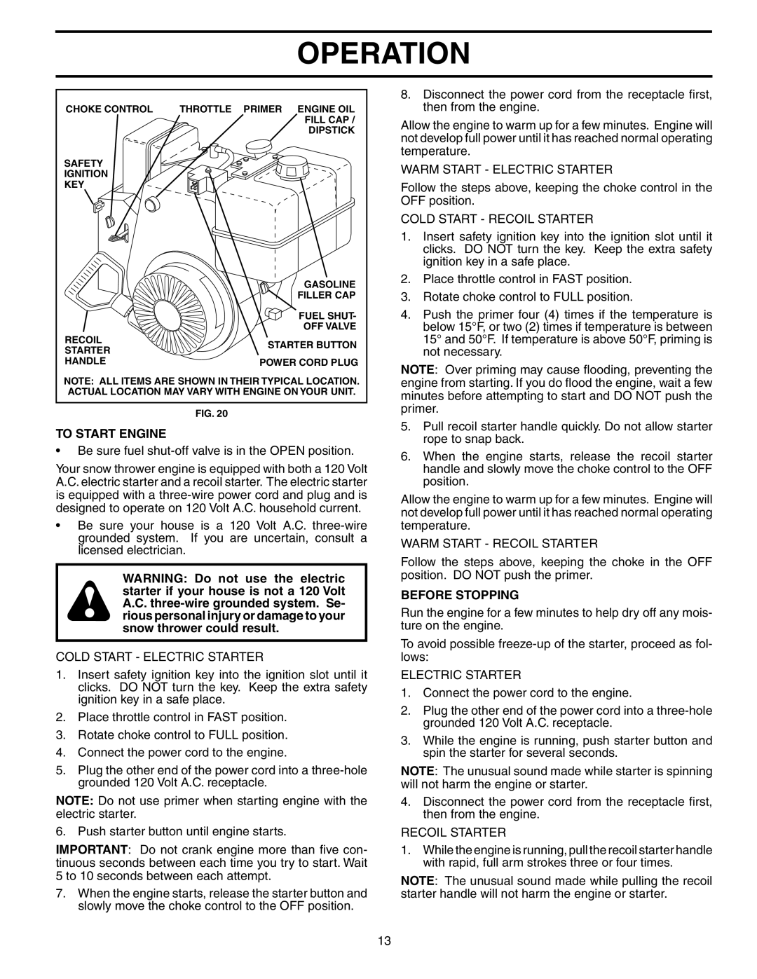 Poulan PO8527ESA owner manual To Start Engine, Before Stopping 