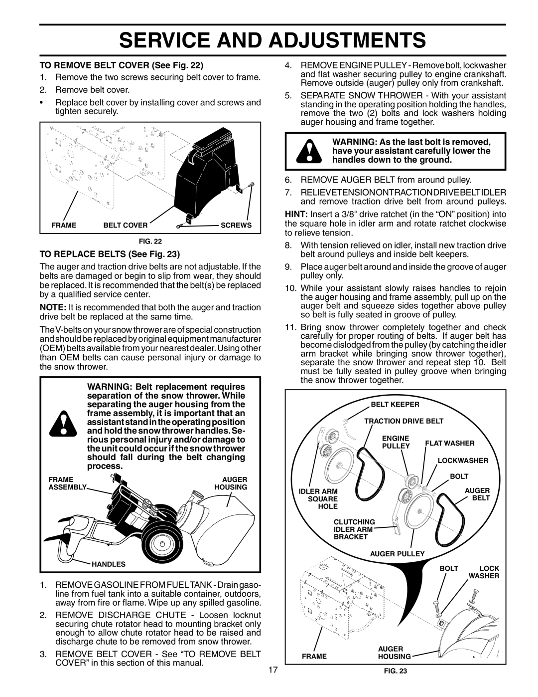 Poulan PO8527ESA owner manual To Remove Belt Cover See Fig, To Replace Belts See Fig 