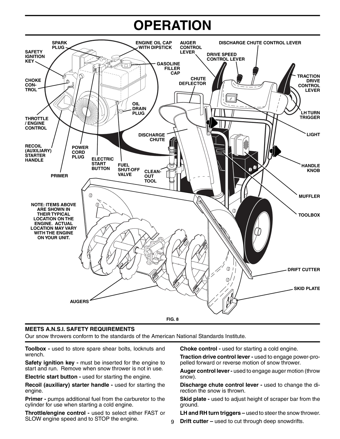 Poulan PO8527ESA Meets A.N.S.I. Safety Requirements, Recoil auxiliary starter handle used for starting the engine 