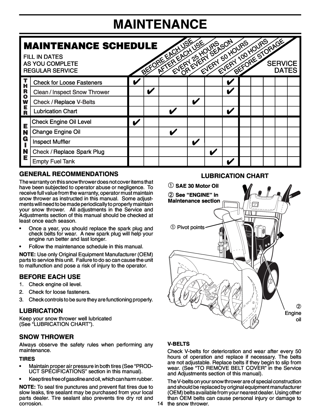 Poulan PO927ES owner manual Maintenance, General Recommendations, Before Each Use, Lubrication Chart, Snow Thrower 
