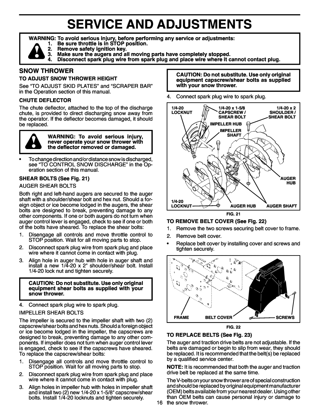 Poulan PO927ES owner manual Service And Adjustments, Snow Thrower 