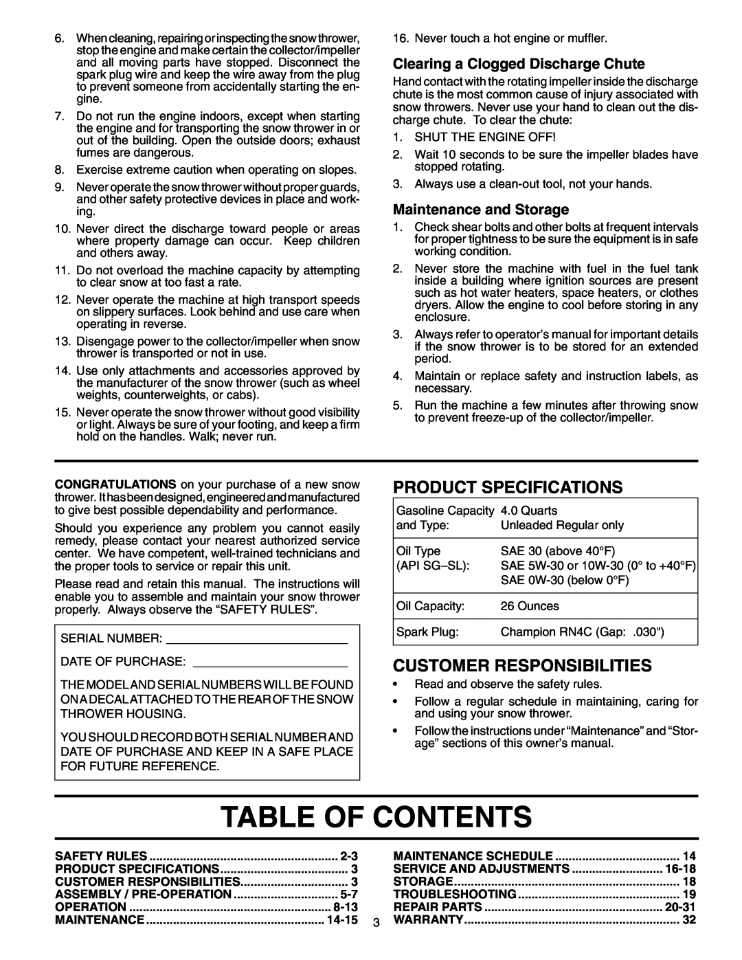 Poulan PO927ES Table Of Contents, Clearing a Clogged Discharge Chute, Maintenance and Storage, Product Specifications 