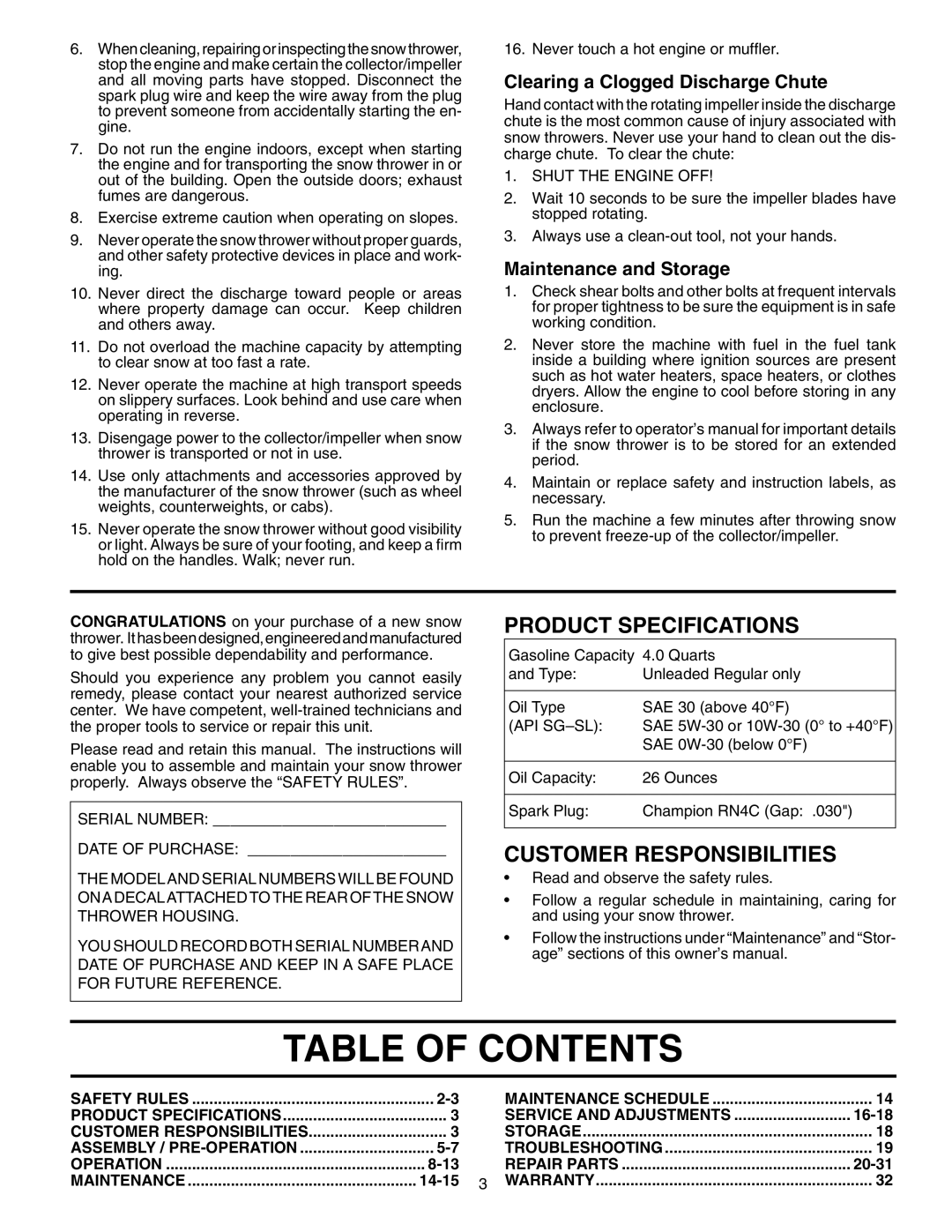 Poulan PO927ES owner manual Table of Contents 