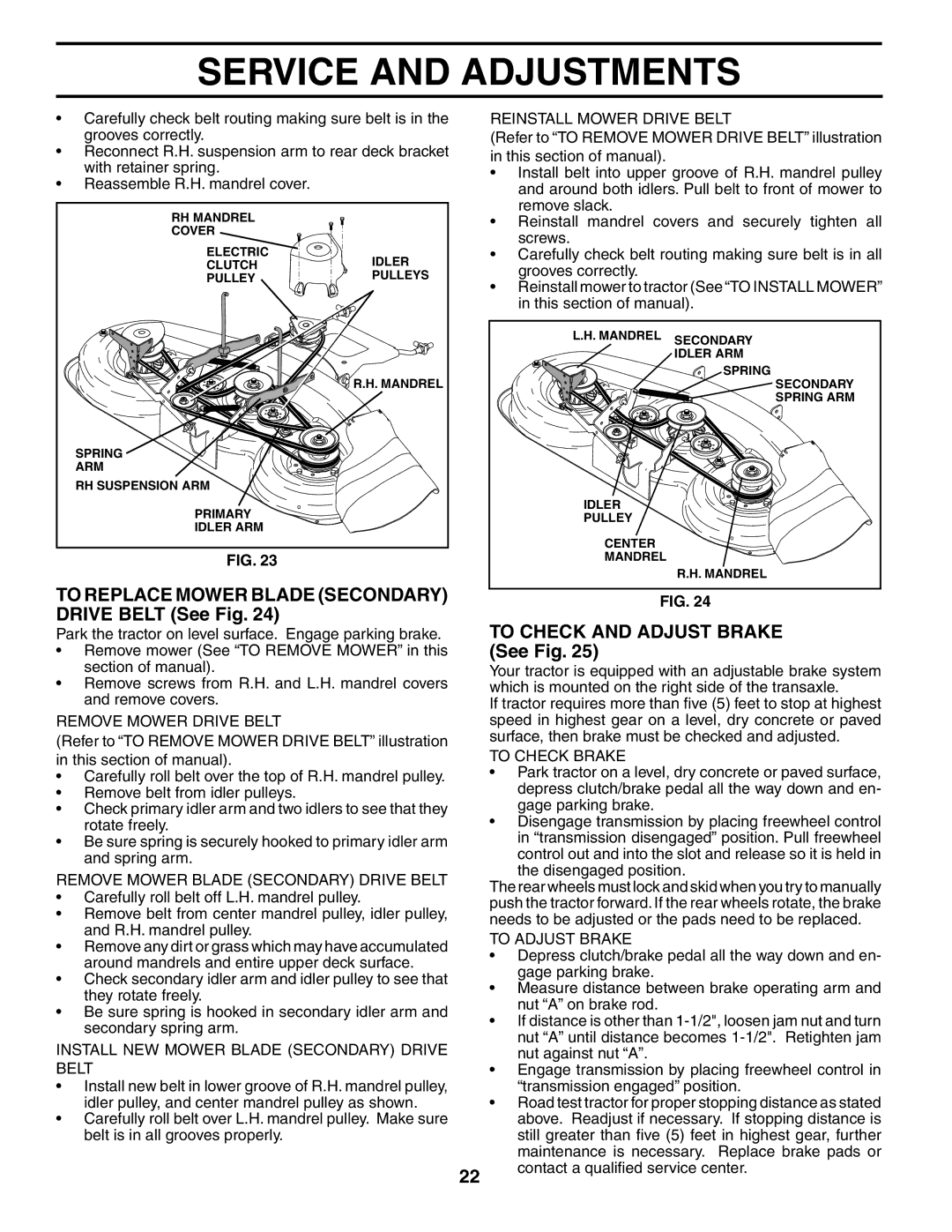 Poulan POGT20H48STA manual To Replace Mower Blade Secondary Drive Belt See Fig, To Check and Adjust Brake See Fig 