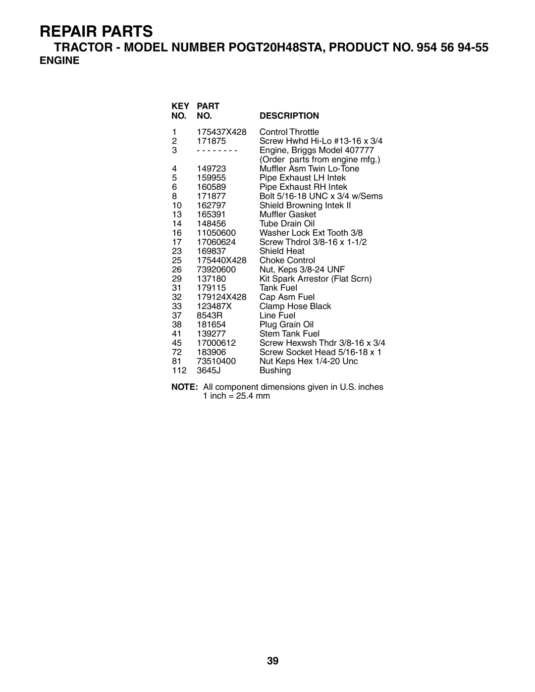 Poulan POGT20H48STA manual Repair Parts 