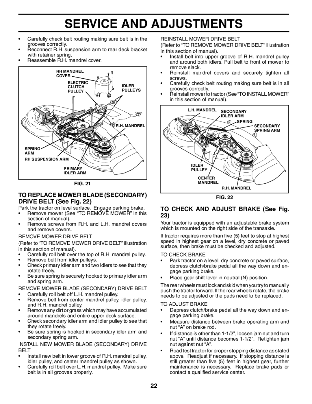 Poulan POGT20T48STA manual To Replace Mower Blade Secondary Drive Belt See Fig, To Check and Adjust Brake See Fig 