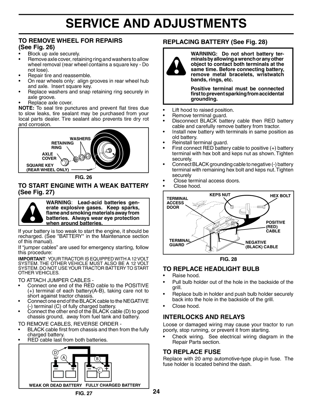 Poulan POGT20T48STA To Remove Wheel for Repairs See Fig, To Replace Headlight Bulb, Interlocks and Relays, To Replace Fuse 