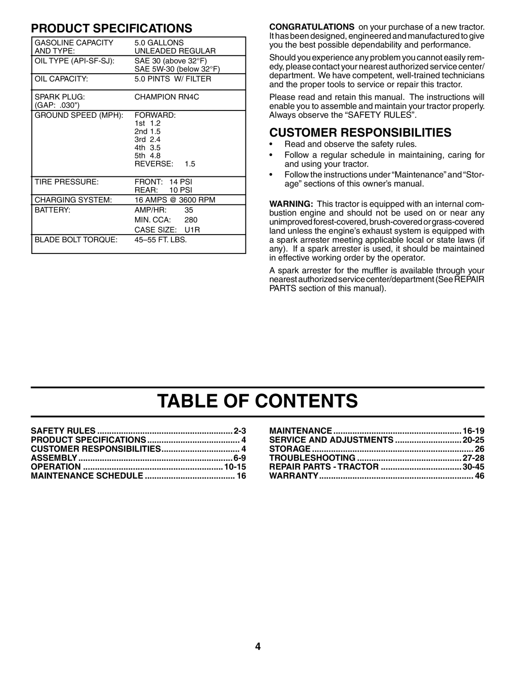 Poulan POGT20T48STA manual Table of Contents 