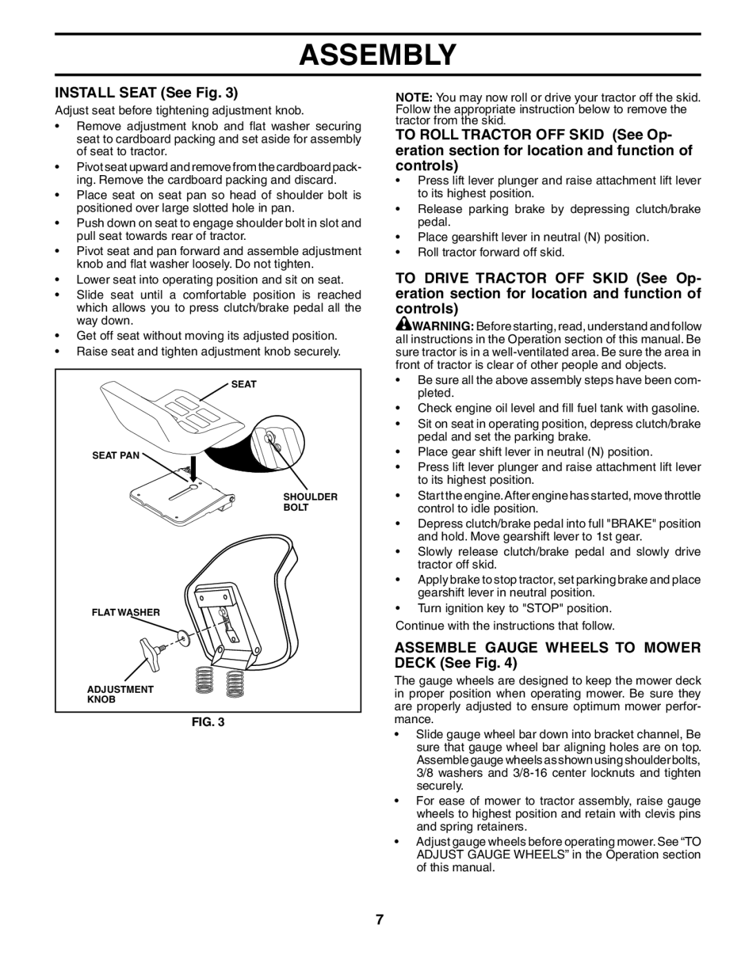 Poulan POGT20T48STA manual Install Seat See Fig, Assemble Gauge Wheels to Mower Deck See Fig 