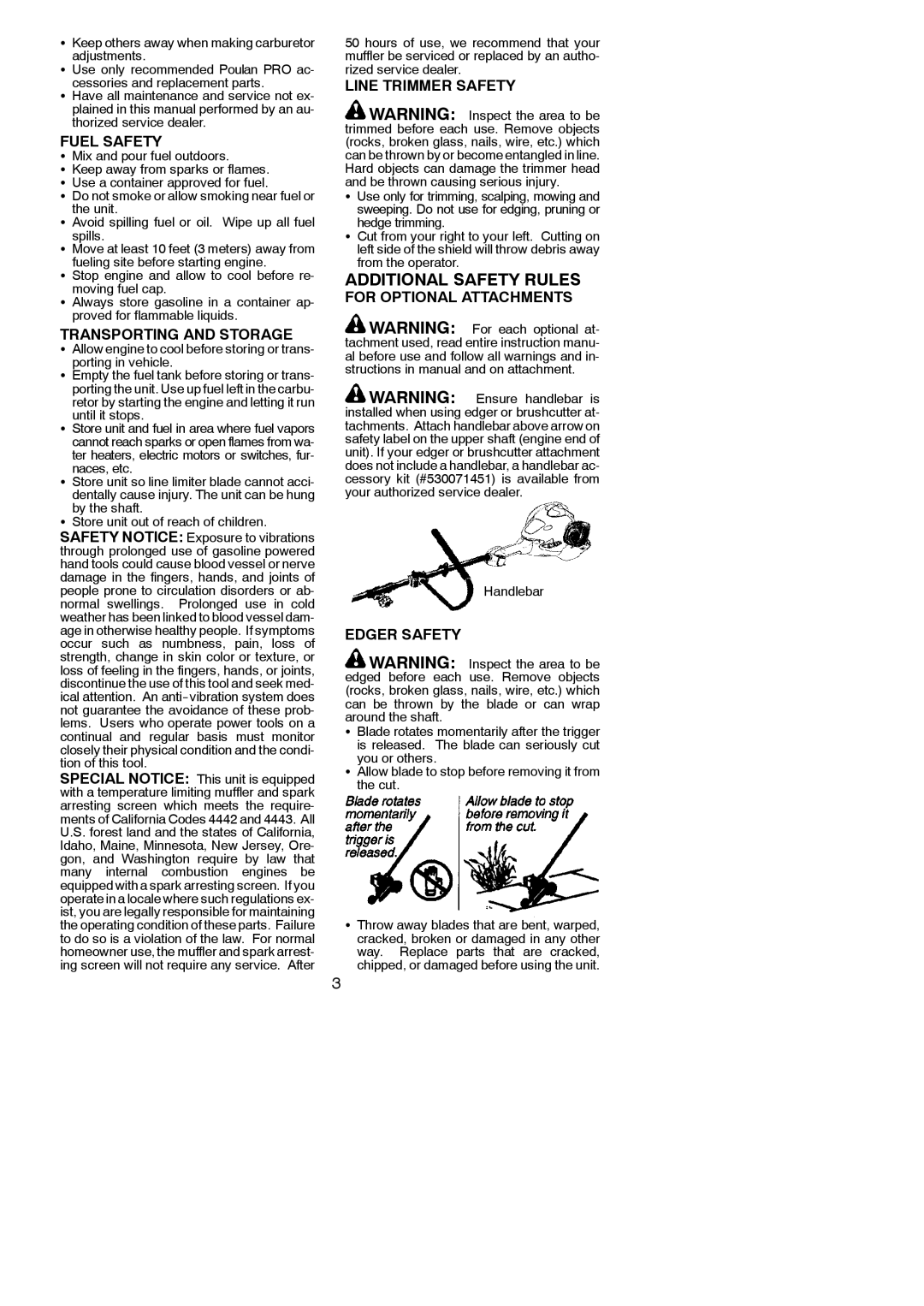 Poulan PP025 Fuel Safety, Transporting and Storage, Line Trimmer Safety, For Optional Attachments, Edger Safety 