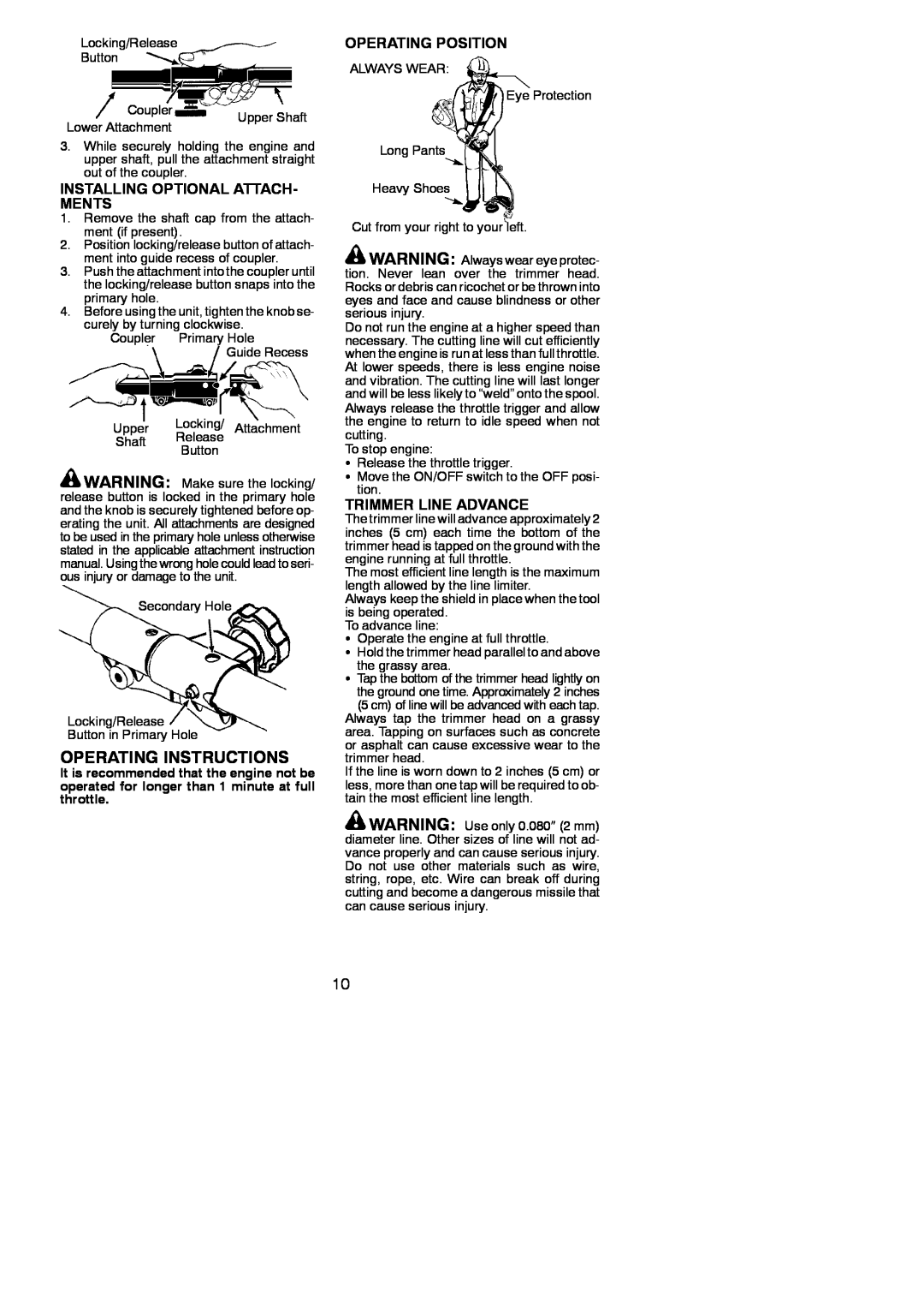 Poulan PP025 Operating Instructions, Installing Optional Attach- Ments, Operating Position, Trimmer Line Advance 