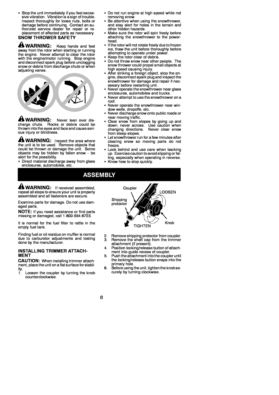 Poulan PP025 instruction manual Assembly, Snow Thrower Safety, Installing Trimmer Attach- Ment 