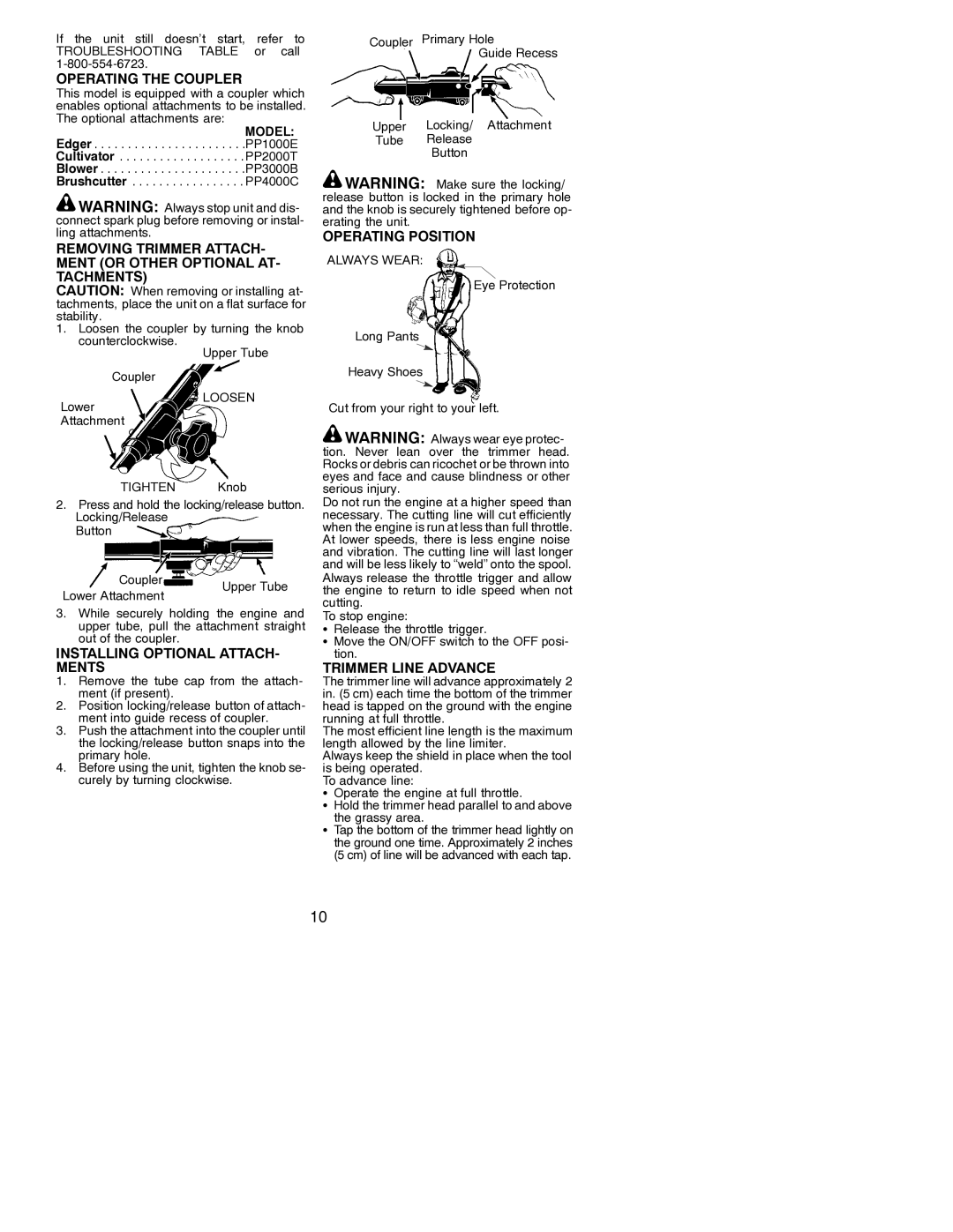 Poulan PP035 Operating the Coupler, Installing Optional ATTACH- Ments, Operating Position, Trimmer Line Advance 