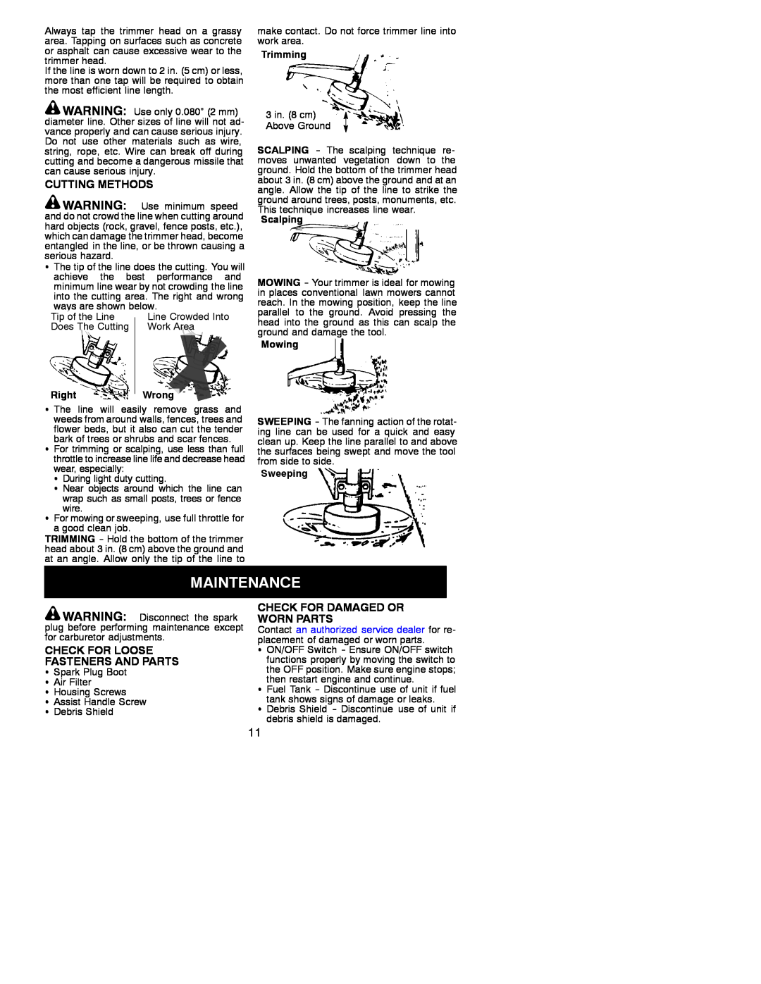 Poulan PP035 instruction manual Cutting Methods, Check For Damaged Or, Worn Parts, Check For Loose, Fasteners And Parts 