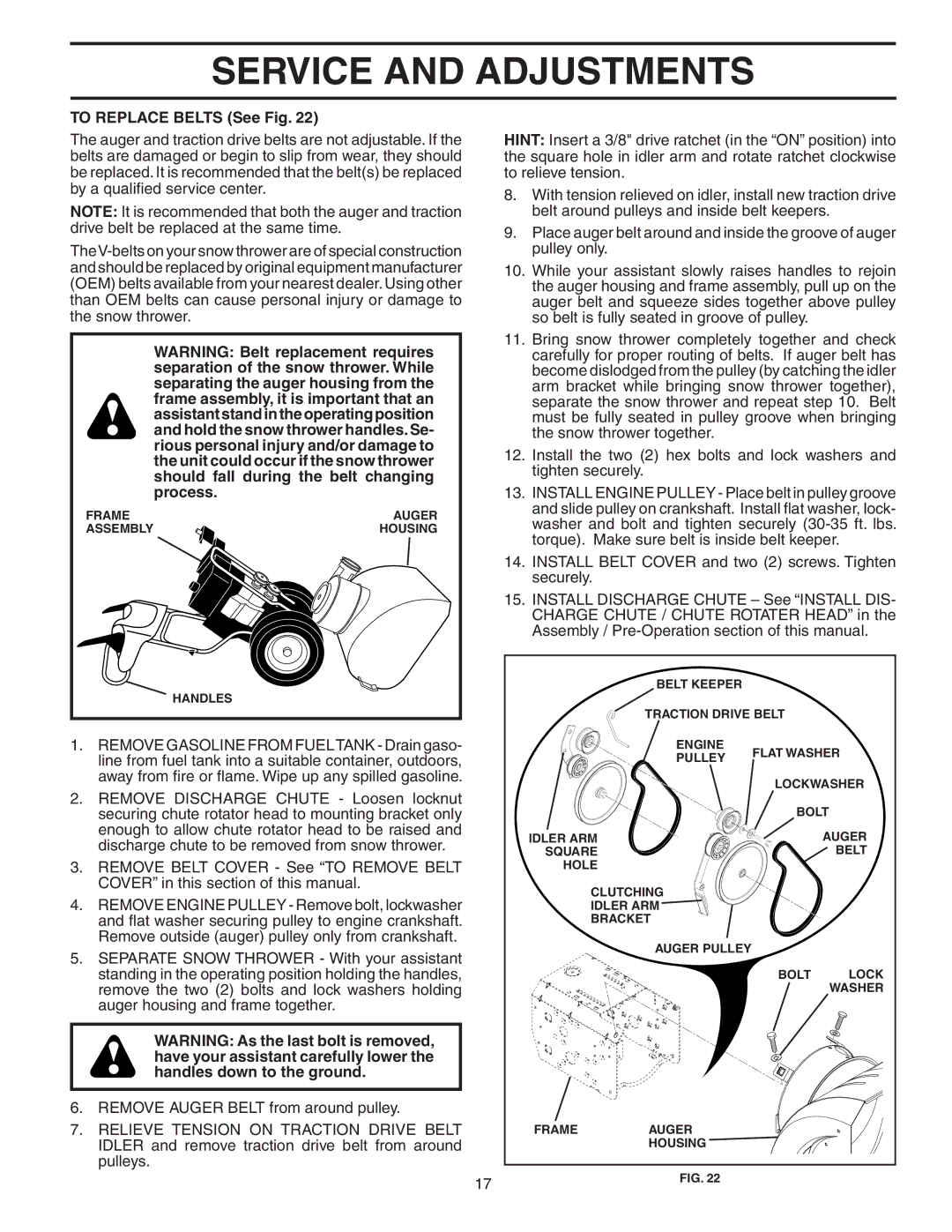 Poulan PP10527ESA owner manual To Replace Belts See Fig 