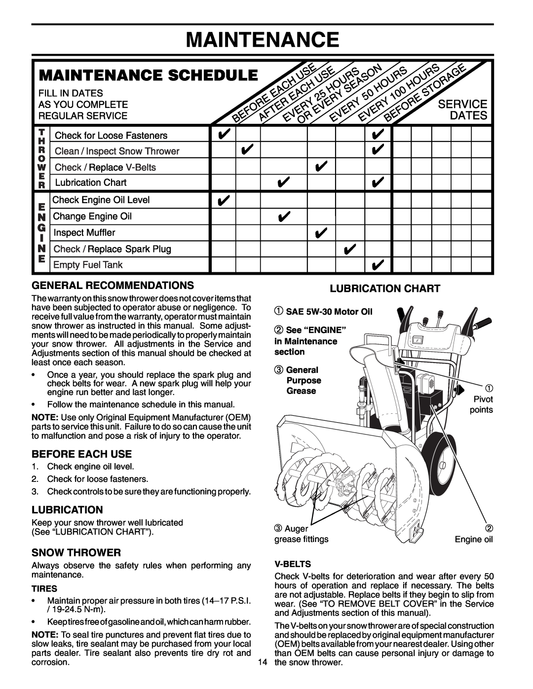 Poulan PP10530ES Maintenance, General Recommendations, Before Each Use, Lubrication Chart, Snow Thrower, Tires 