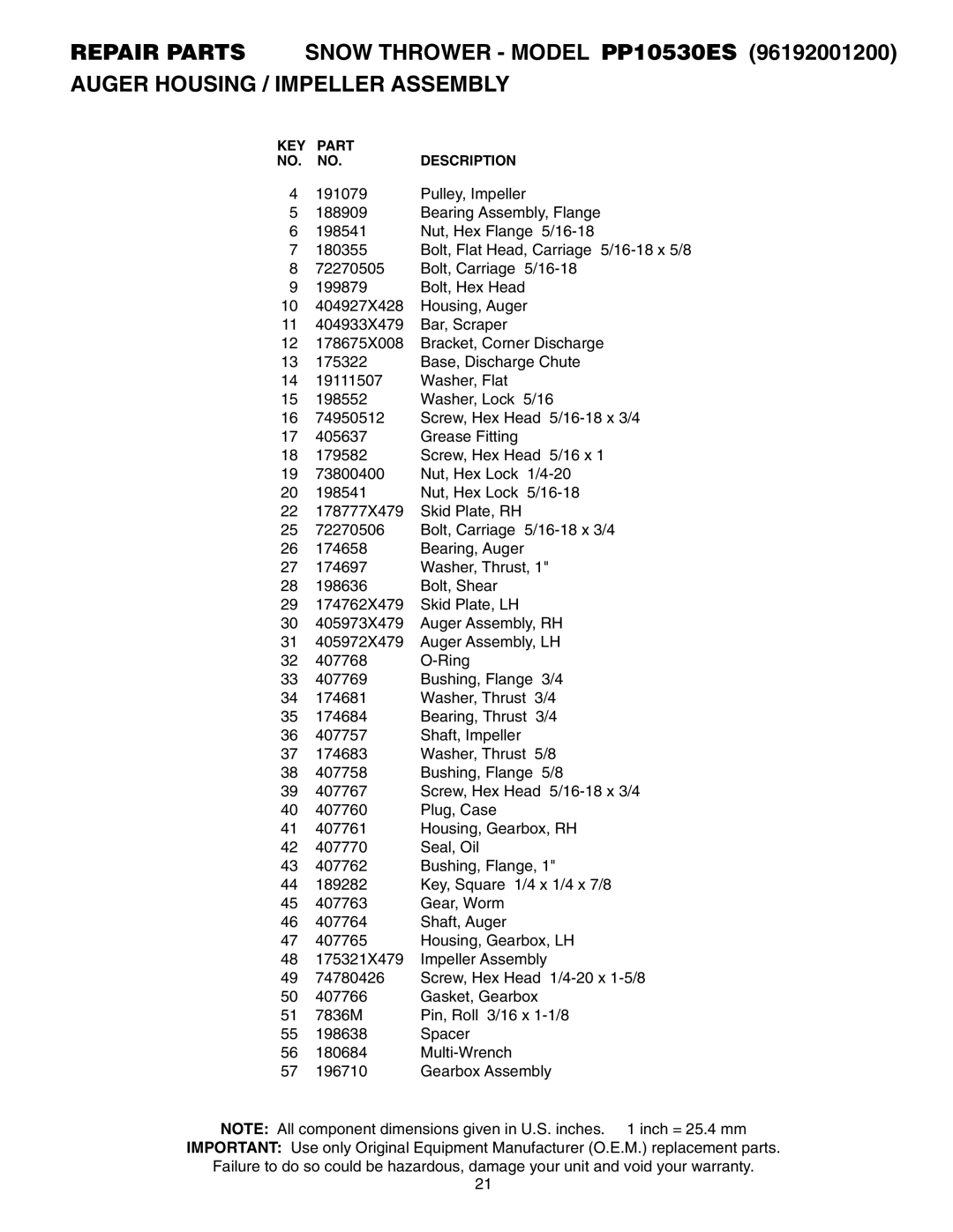 Poulan PP10530ES owner manual KEY Part Description 