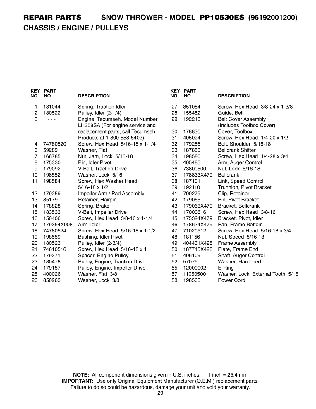 Poulan PP10530ES owner manual KEY Part Description 