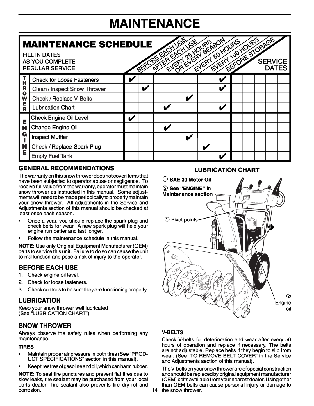 Poulan PP1130ES Maintenance, General Recommendations, Before Each Use, Lubrication Chart, Snow Thrower, Tires, V-Belts 