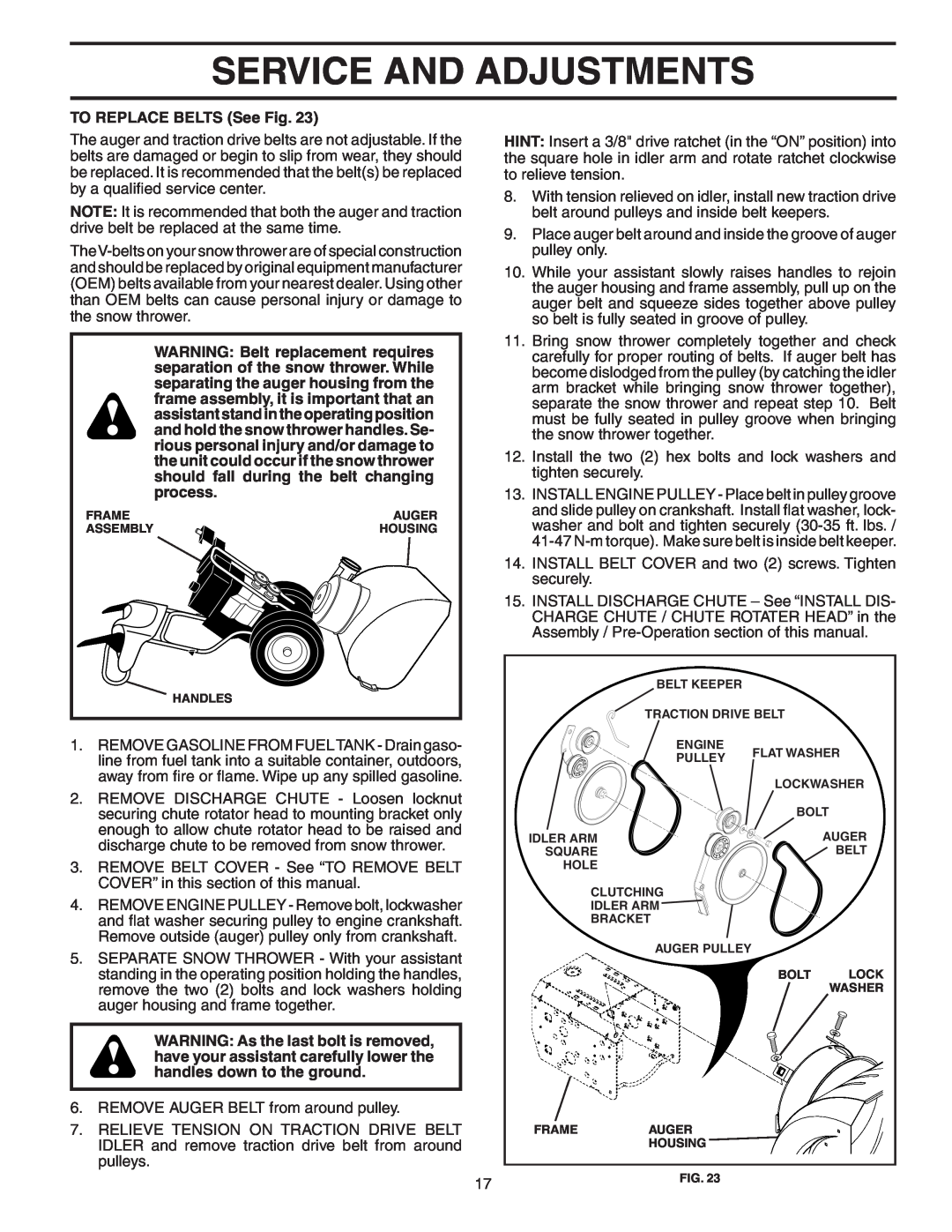 Poulan PP1130ESA owner manual Service And Adjustments, TO REPLACE BELTS See Fig 