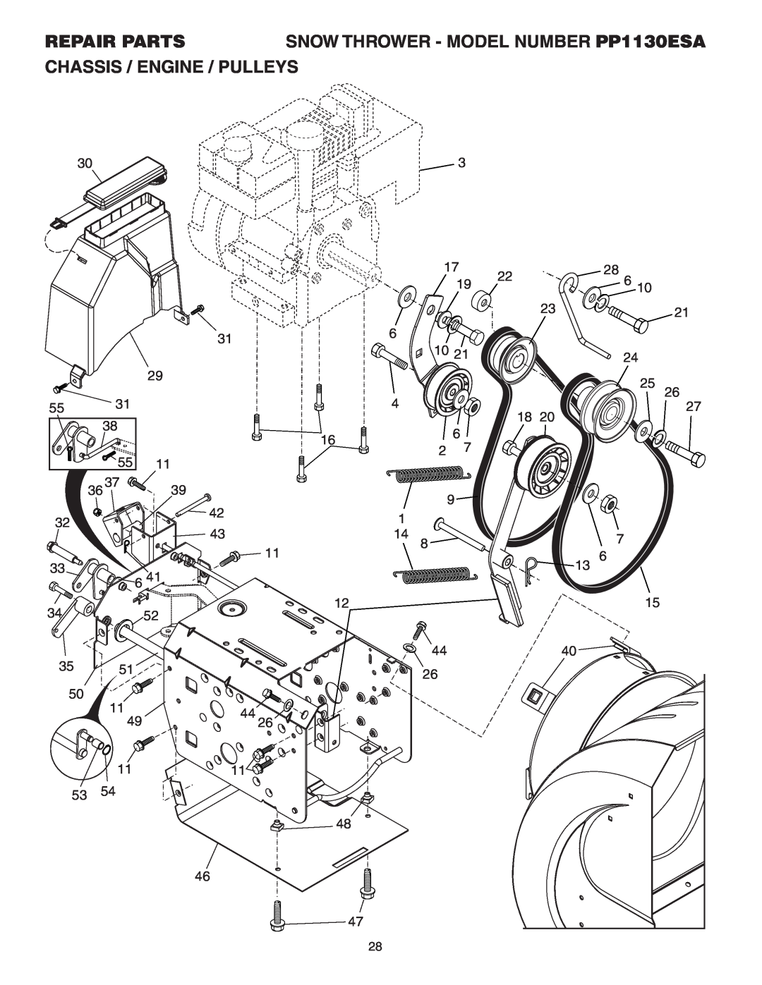 Poulan owner manual Chassis / Engine / Pulleys, Repair Parts, SNOW THROWER - MODEL NUMBER PP1130ESA, 3452 
