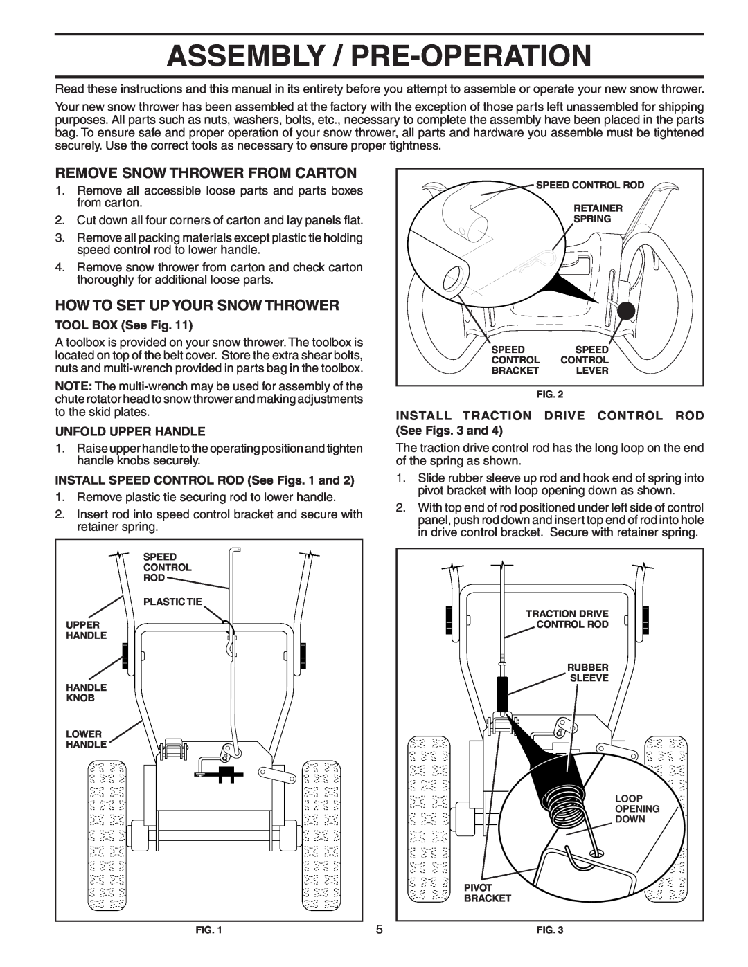 Poulan PP1130ESA owner manual Assembly / Pre-Operation, Remove Snow Thrower From Carton, How To Set Up Your Snow Thrower 