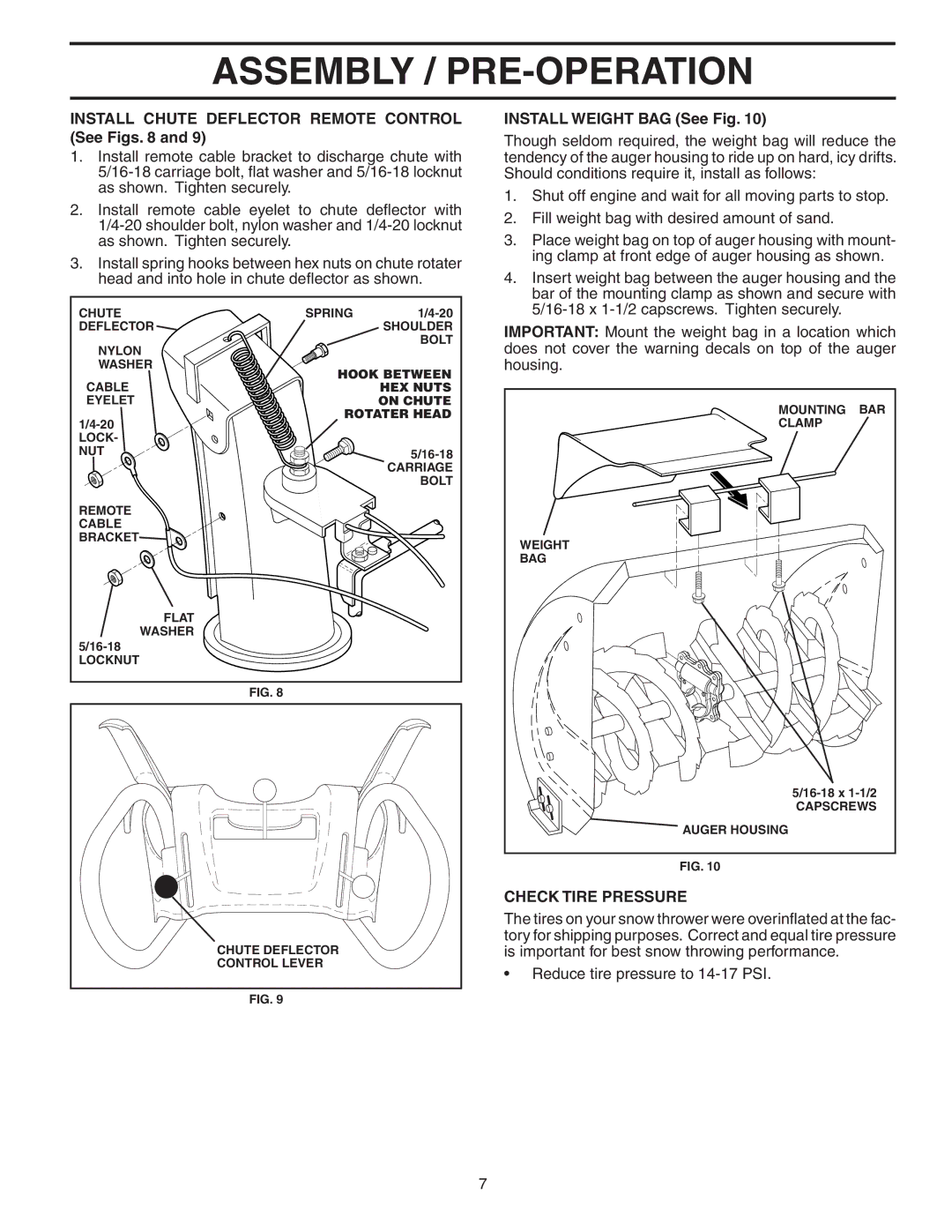 Poulan PP1130ESA Install Chute Deflector Remote Control See Figs, Install Weight BAG See Fig, Check Tire Pressure 