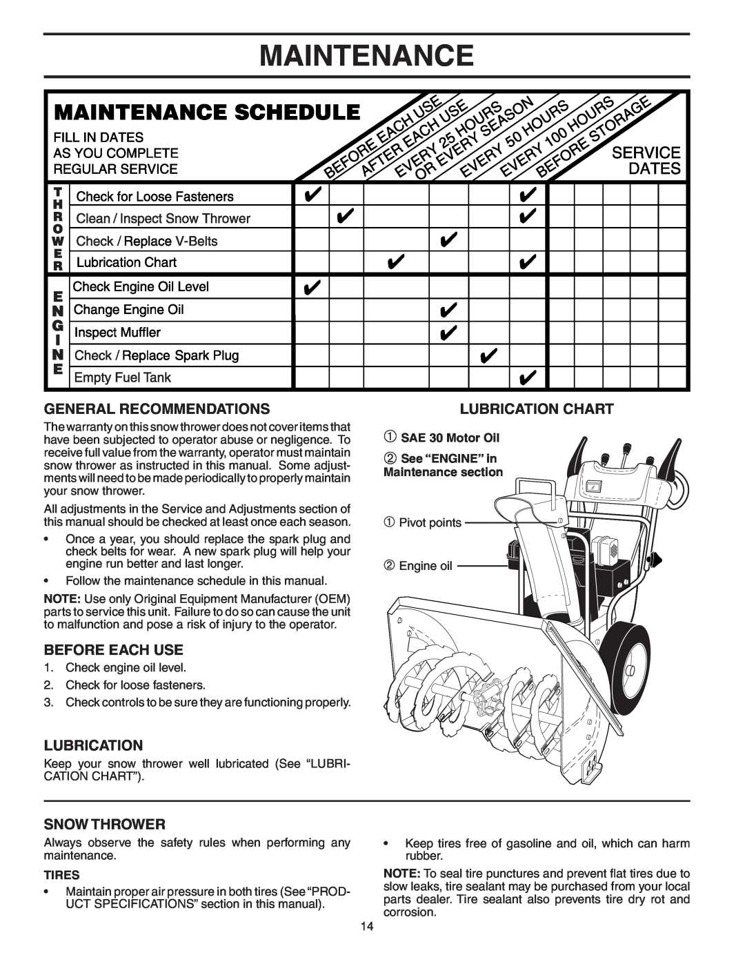 Poulan PP1130ESB Maintenance, General Recommendations, Before Each Use, Snow Thrower, Lubrication Chart, Tires 