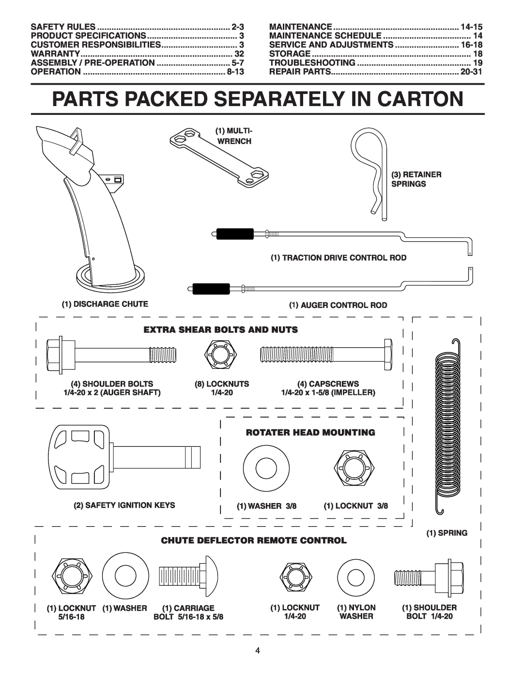 Poulan PP1130ESB Parts Packed Separately In Carton, 8-13, 14-15, Service And Adjustments, 16-18, 20-31, Safety Rules 
