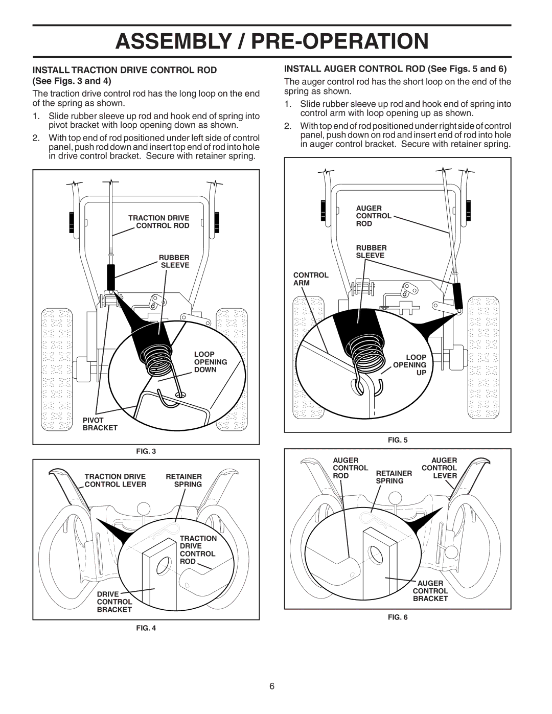 Poulan PP1130ESB owner manual Install Traction Drive Control ROD See Figs, Install Auger Control ROD See Figs 