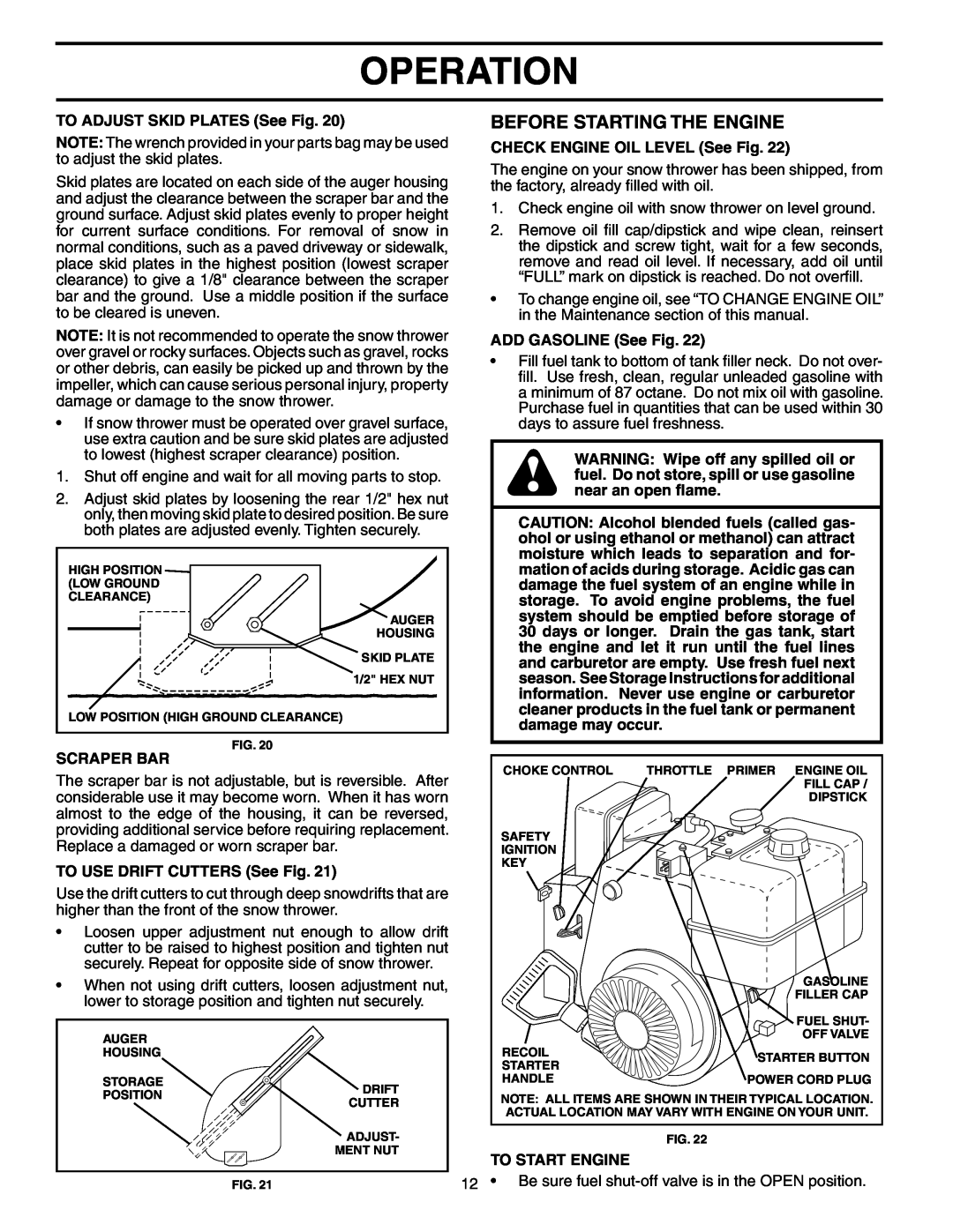 Poulan PP1130ESC Before Starting The Engine, Operation, TO ADJUST SKID PLATES See Fig, Scraper Bar, ADD GASOLINE See Fig 