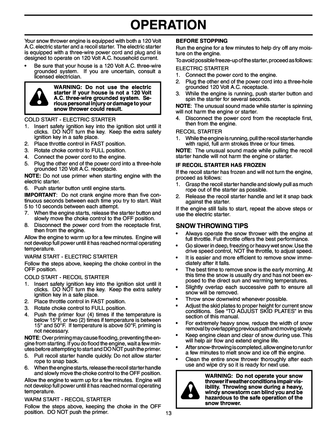 Poulan PP1130ESC owner manual Snow Throwing Tips, Operation, Before Stopping, If Recoil Starter Has Frozen 