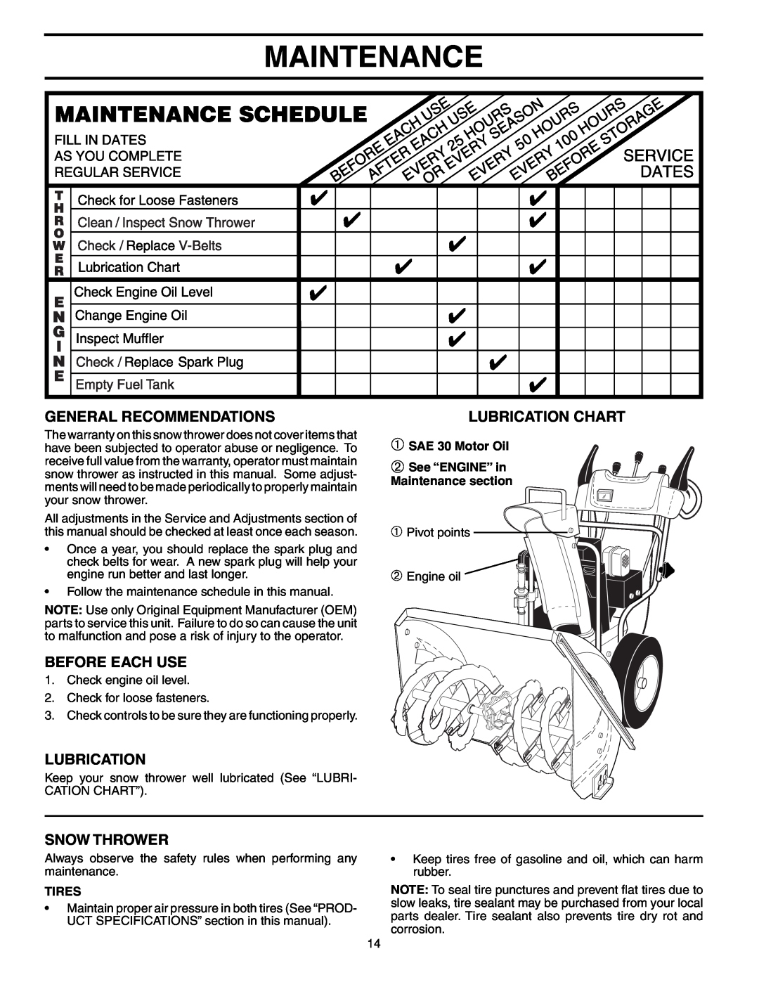 Poulan PP1130ESC Maintenance, General Recommendations, Before Each Use, Snow Thrower, Lubrication Chart, Tires 
