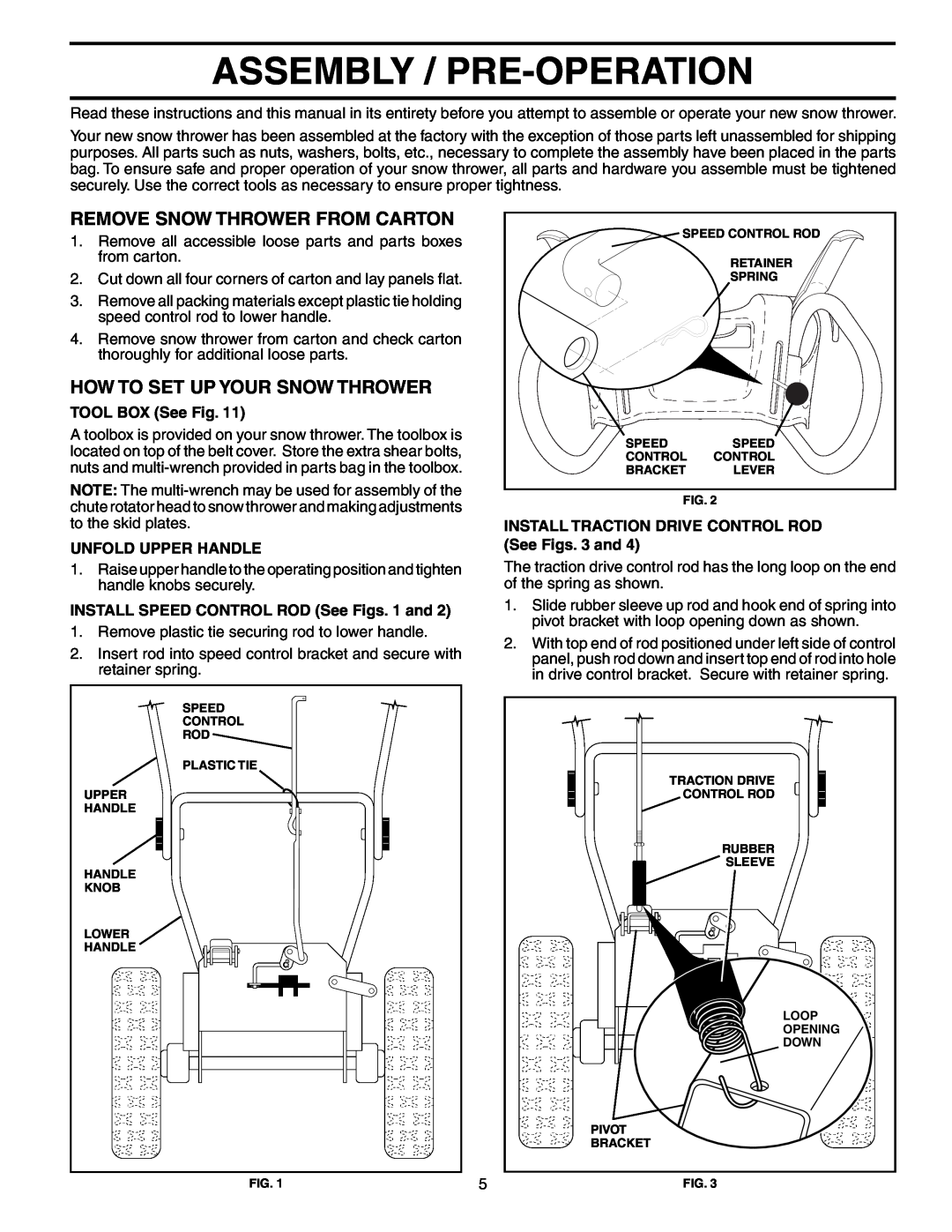 Poulan PP1130ESC owner manual Assembly / Pre-Operation, Remove Snow Thrower From Carton, How To Set Up Your Snow Thrower 