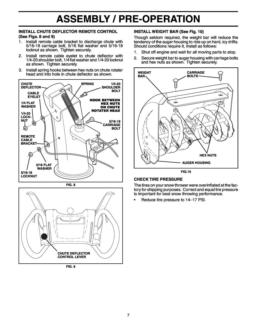 Poulan PP1130ESC Assembly / Pre-Operation, INSTALL CHUTE DEFLECTOR REMOTE CONTROL See Figs. 8 and, Check Tire Pressure 