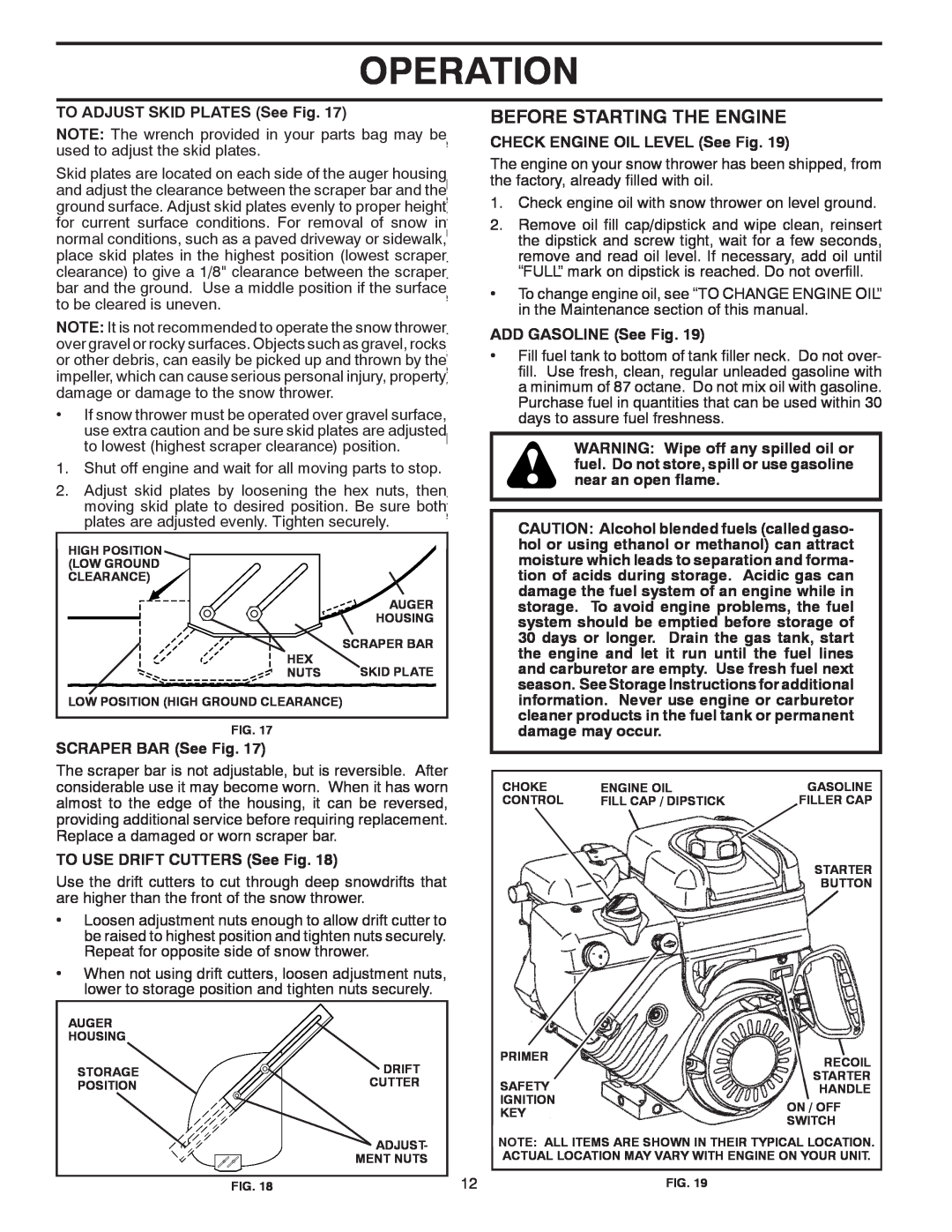 Poulan PP1150E30 Before Starting The Engine, Operation, TO ADJUST SKID PLATES See Fig, CHECK ENGINE OIL LEVEL See Fig 