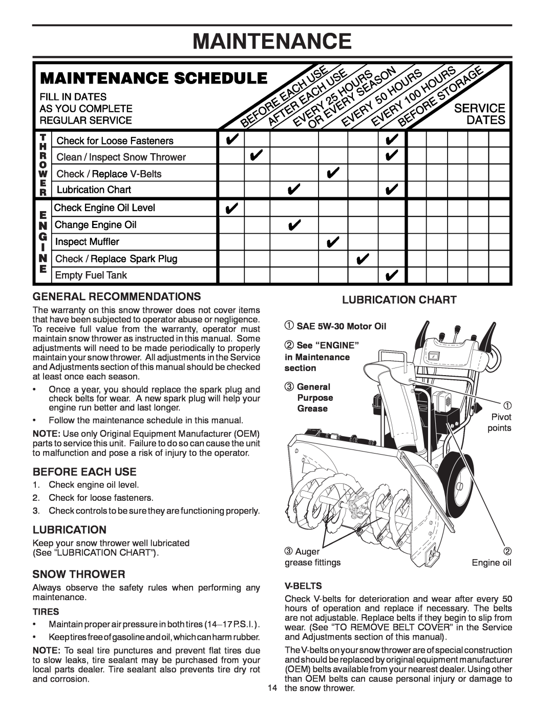 Poulan PP1150E30 Maintenance, General Recommendations, Before Each Use, Snow Thrower, Lubrication Chart, Tires 