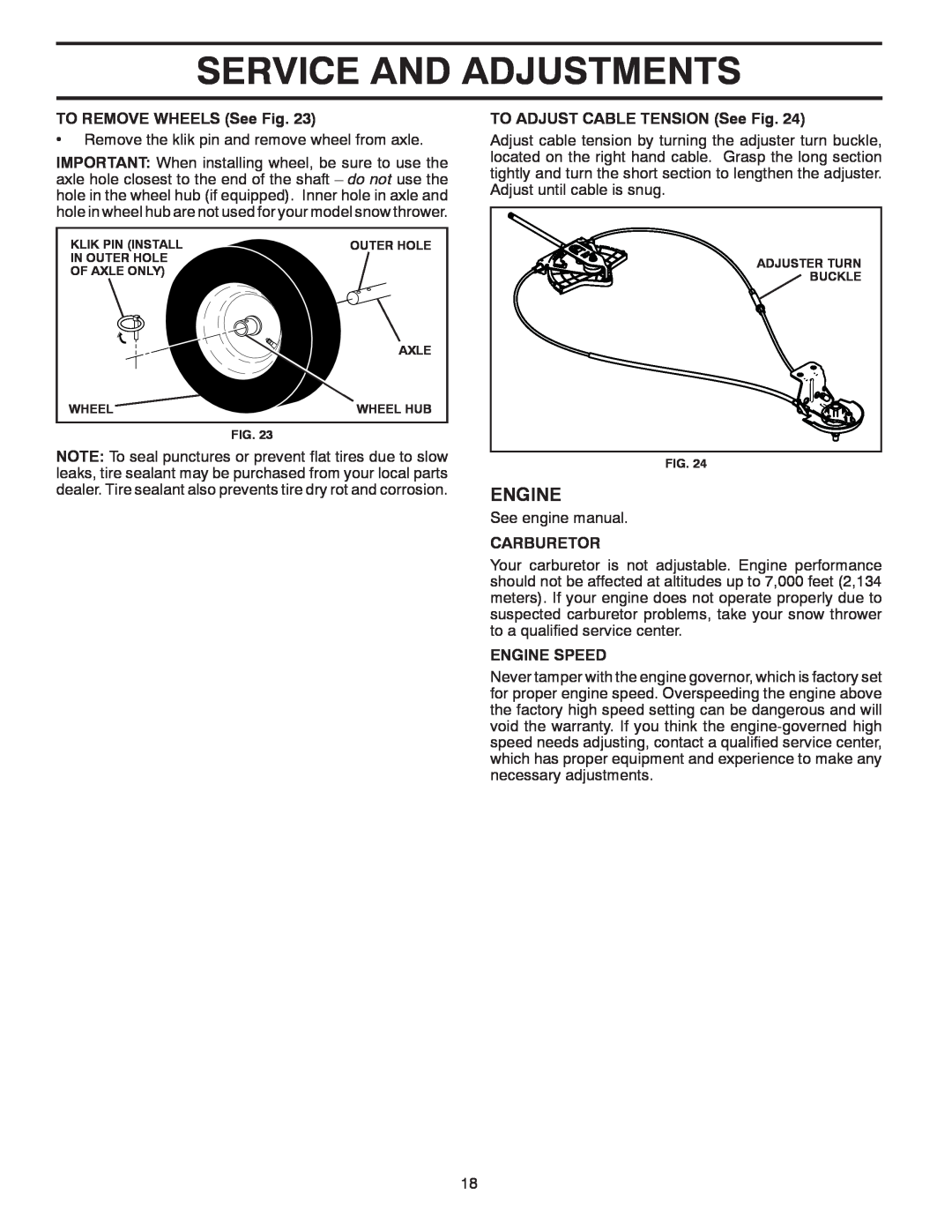 Poulan PP1150E30 Service And Adjustments, Engine, TO REMOVE WHEELS See Fig, TO ADJUST CABLE TENSION See Fig, Carburetor 