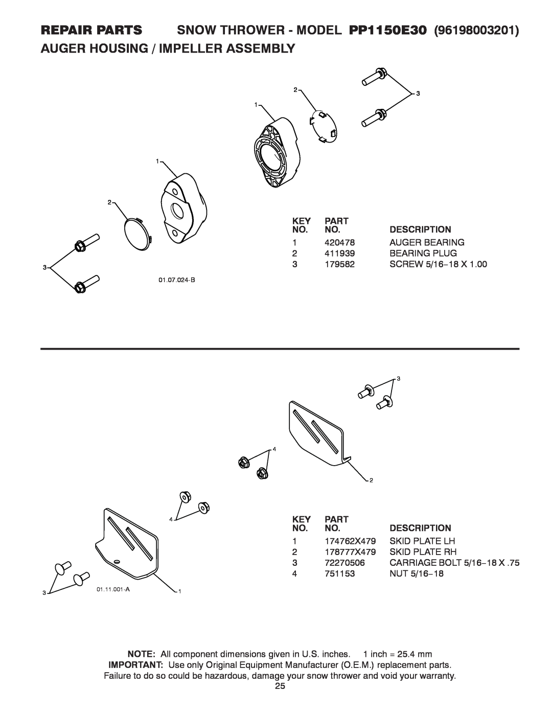Poulan owner manual REPAIR PARTS SNOW THROWER - MODEL PP1150E30, Auger Housing / Impeller Assembly, Part, Description 