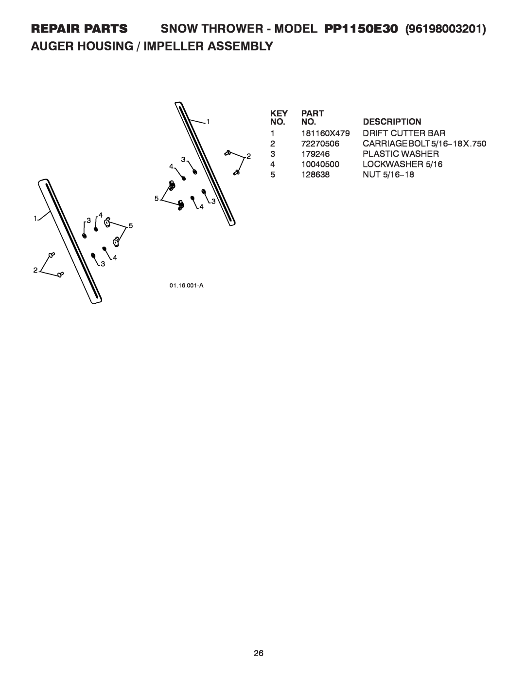 Poulan REPAIR PARTS SNOW THROWER - MODEL PP1150E30, Auger Housing / Impeller Assembly, Part, Description, 181160X479 