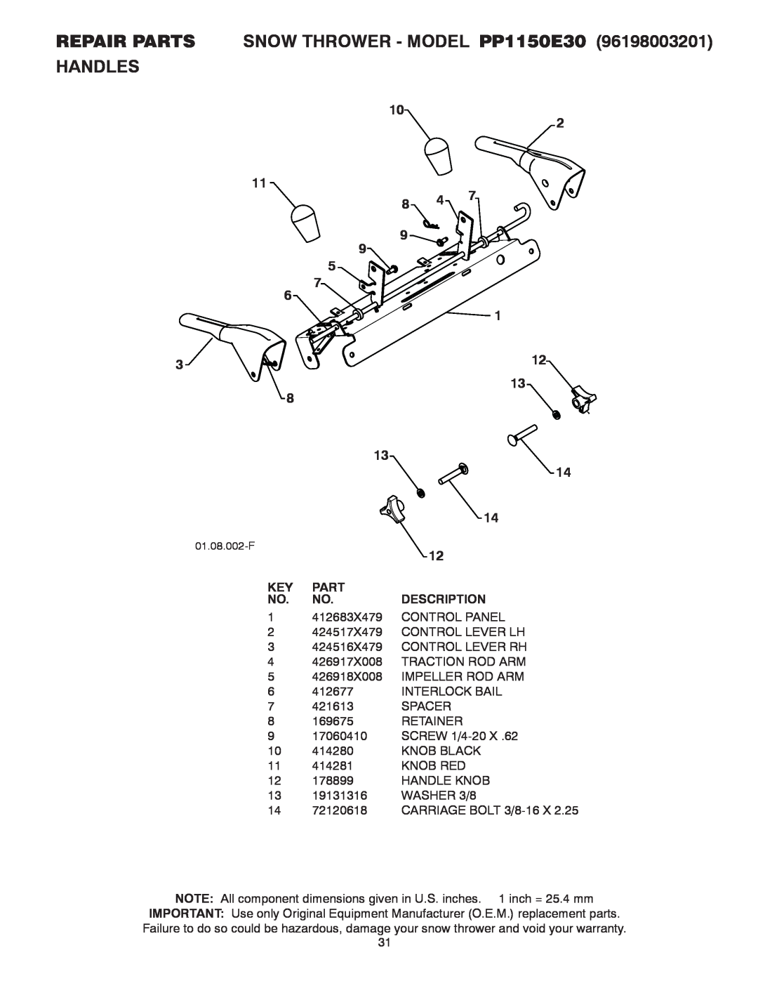 Poulan owner manual REPAIR PARTS SNOW THROWER - MODEL PP1150E30, Handles, 1412683X479 CONTROL PANEL 