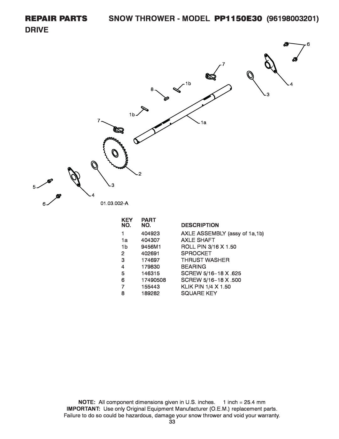 Poulan owner manual Repair Parts, SNOW THROWER - MODEL PP1150E30, Drive, Description 